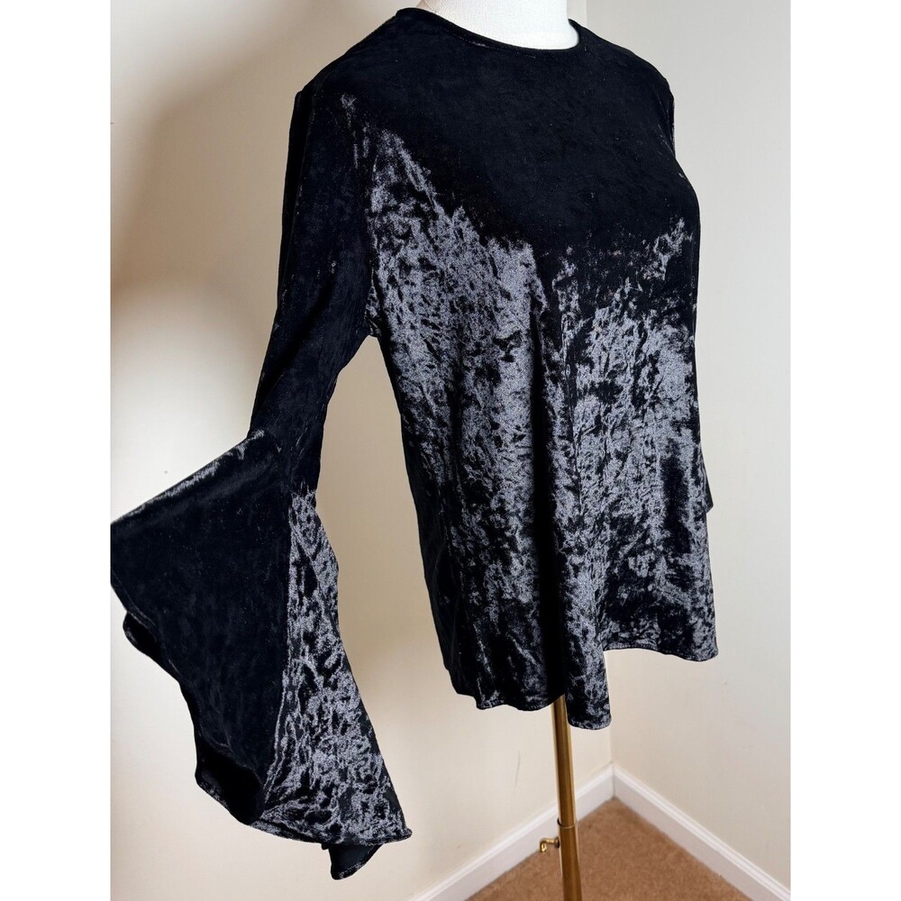 Context Black Crushed Velvet Top Bell Sleeve Boho Goth Witchy Stretch Blouse M
